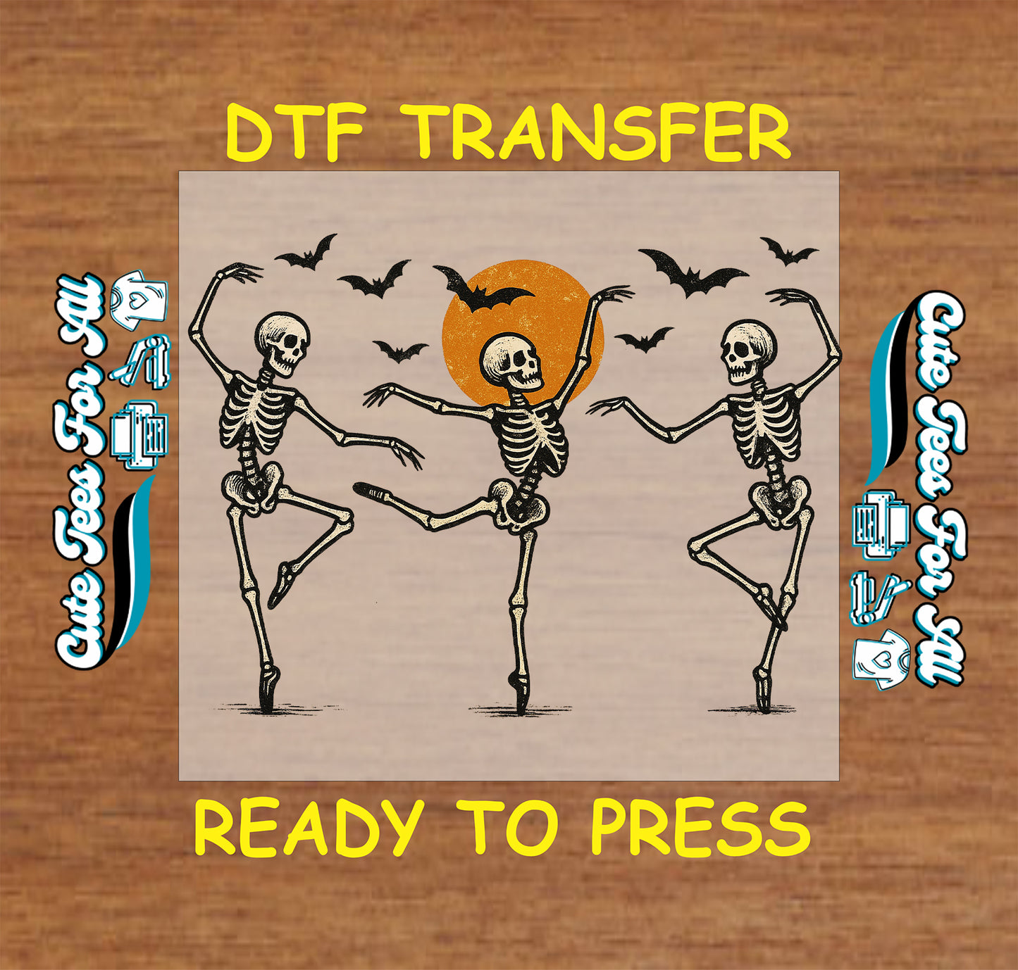 Three dancing skeletons with bats and orange moon in Halloween DTF transfer