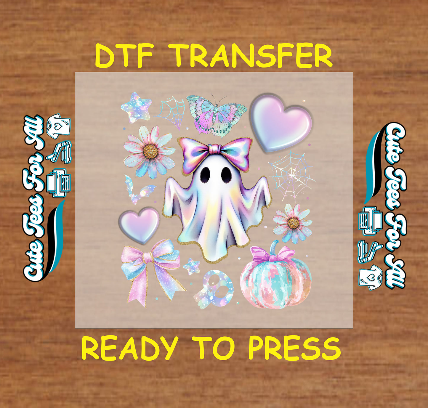 Pastel ghost with pink bow surrounded by hearts, flowers, butterflies, and pumpkin