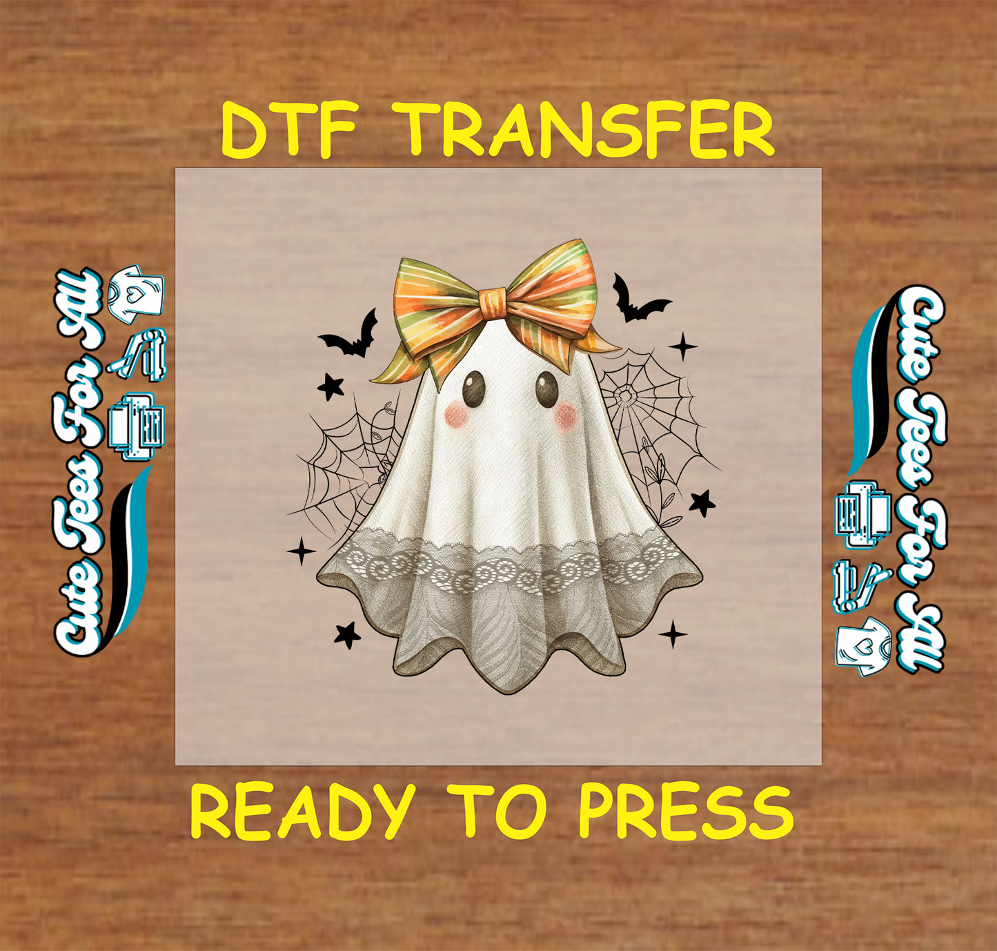 Vintage ghost with orange-striped bow, lace trim, spiderwebs, and bats