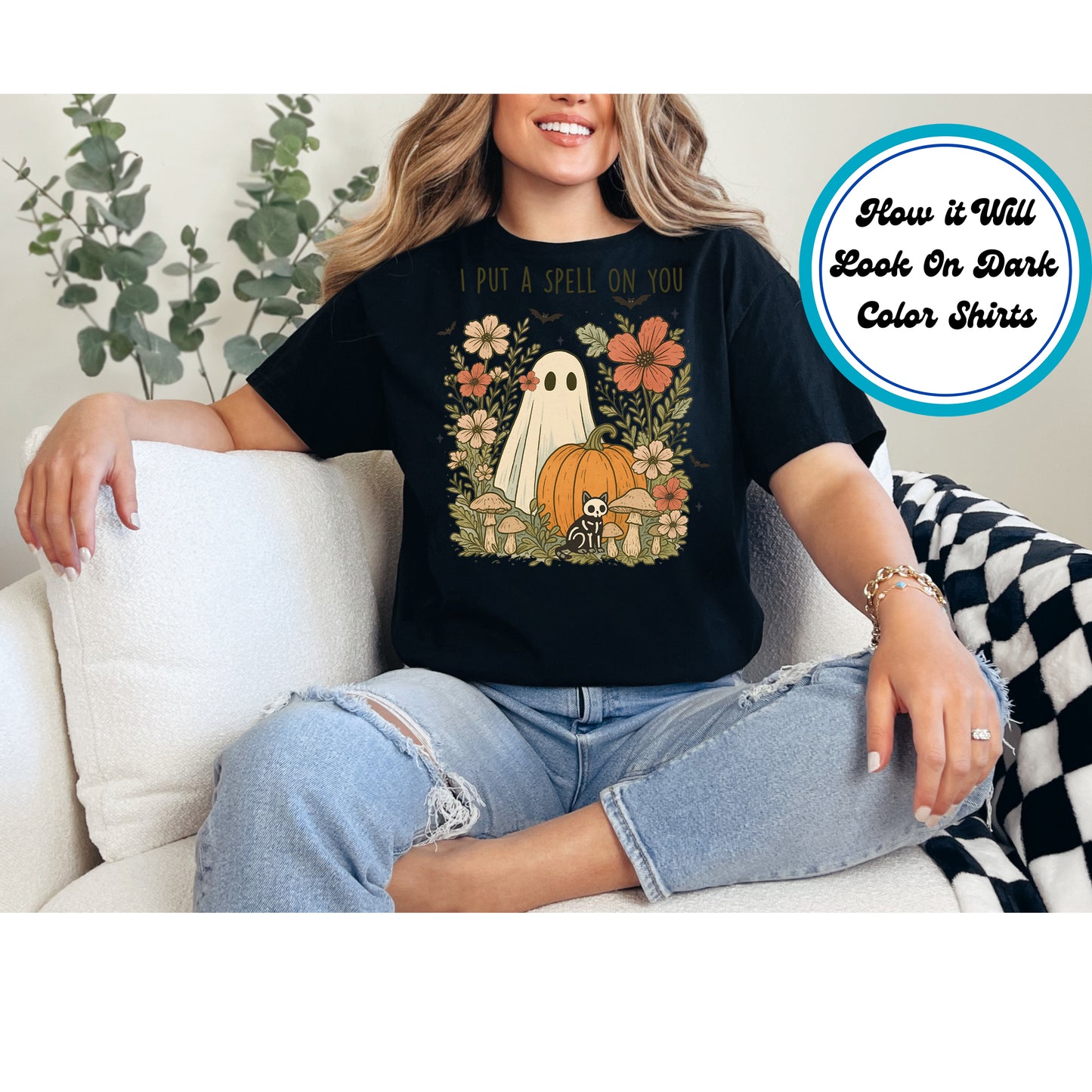 Halloween DTF Transfer Iron On Heat Transfer I Put a Spell on You Ghost with Flowers and Pumpkin Design- Ready to Press DTF Transfer 10728