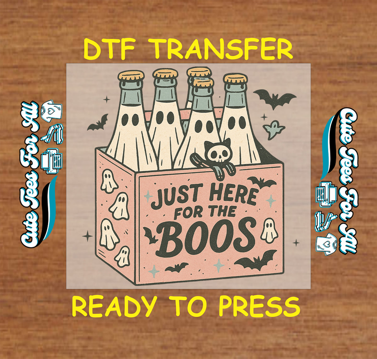 Six-pack of ghost-covered bottles with spooky box that says "Just Here for the Boos" and bats around it