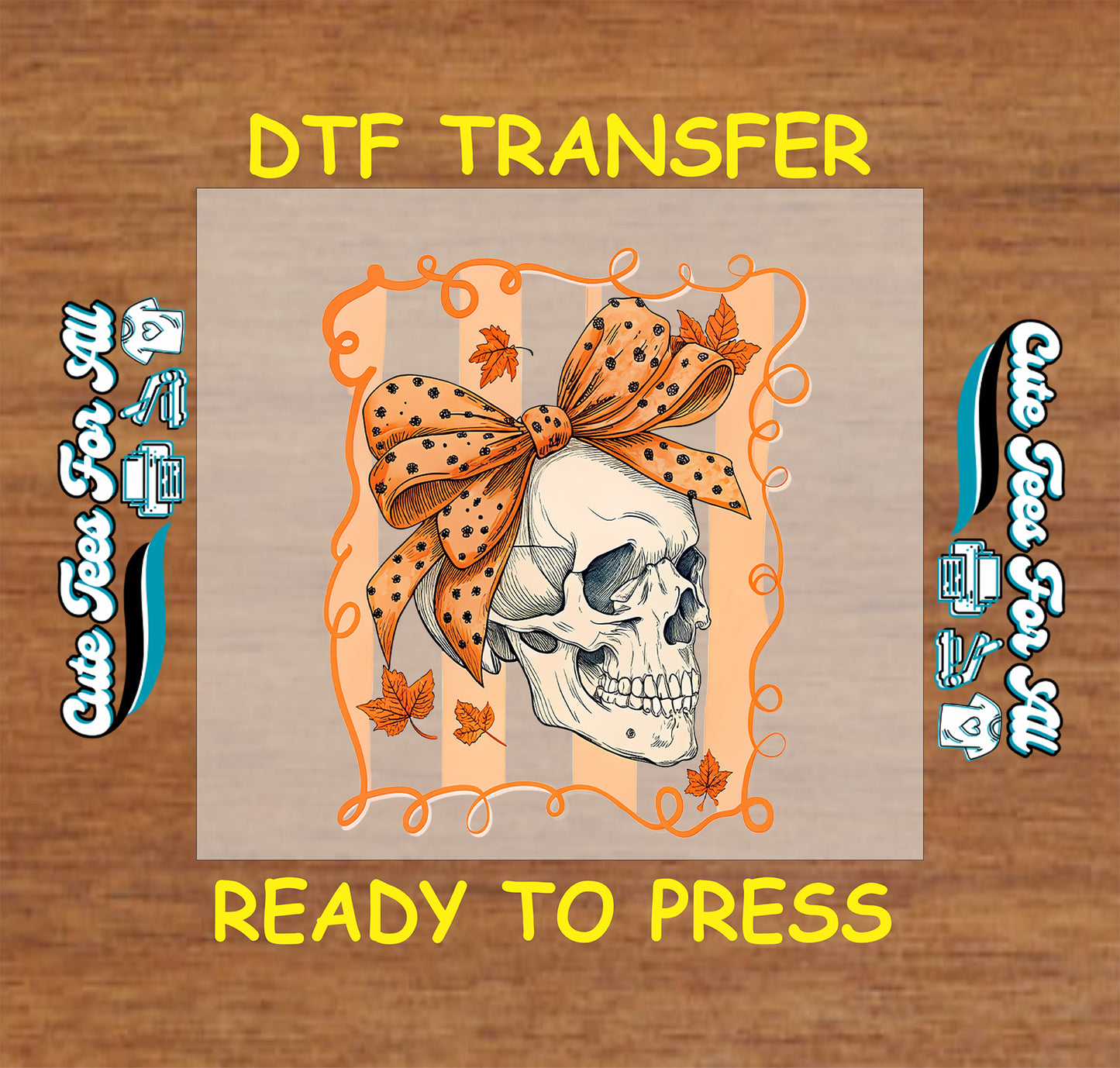 Skull with orange polka dot bow surrounded by autumn leaves and orange swirl frame