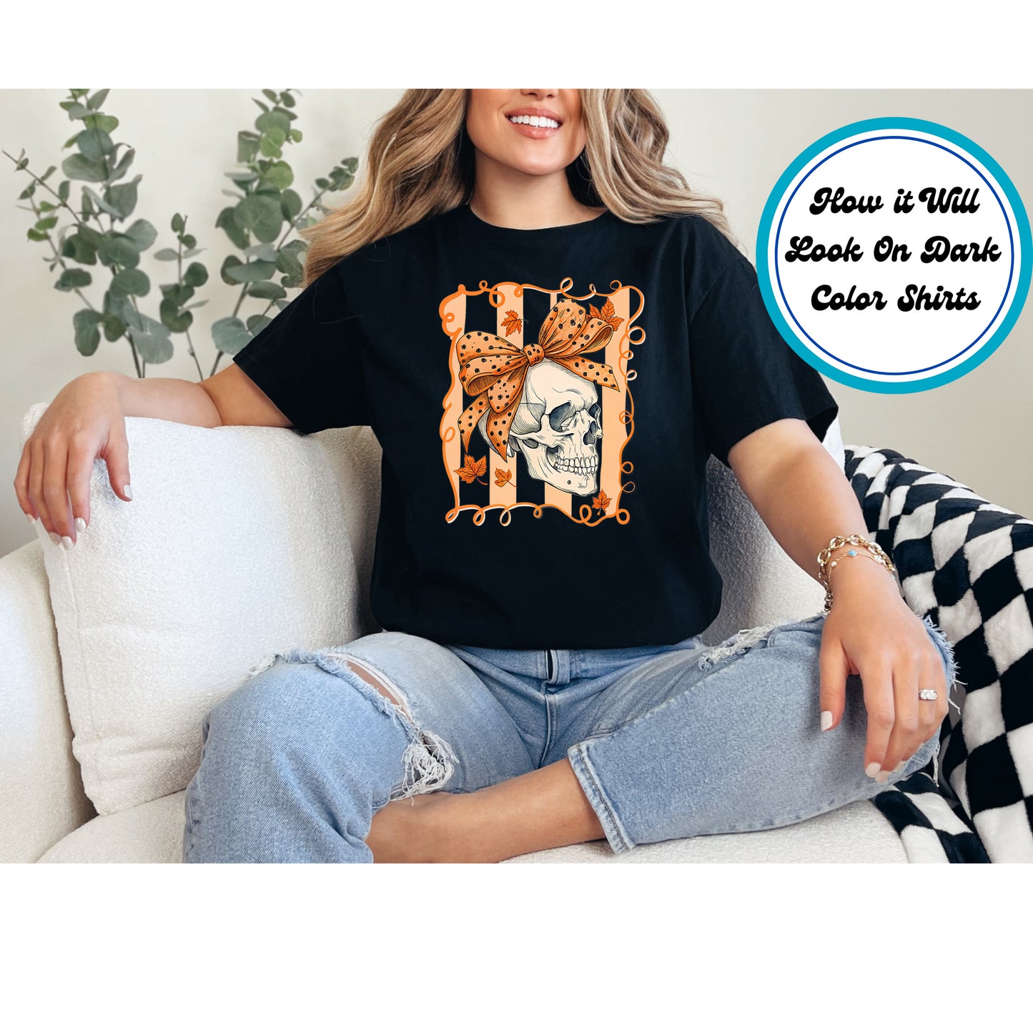 Halloween DTF Transfer Iron On Heat Transfer Skull with Bow Fall Leaves Spooky Cute Ready to Press DTF Design 10730