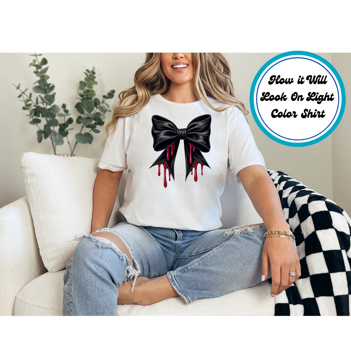 Halloween DTF Transfer Iron On Heat Transfer Black Bow with Dripping Blood Gothic Style Ready to Press DTF Design 10743