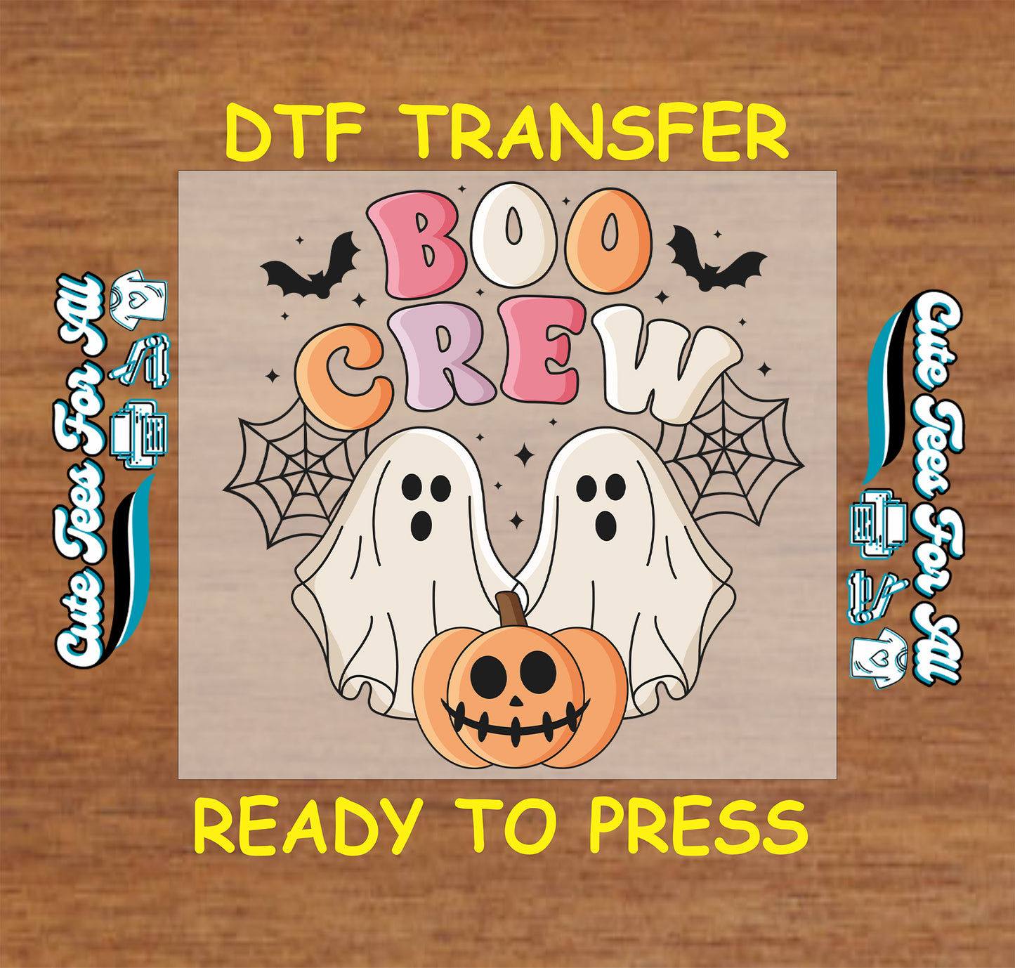 Two cute ghosts with pastel letters, a smiling pumpkin, spiderwebs, and flying bats on a Halloween DTF transfer