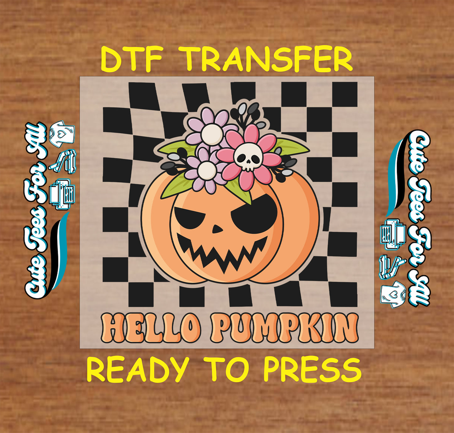 DTF transfer with spooky pumpkin, pastel flowers and skulls, checkerboard background, and “Hello Pumpkin” text