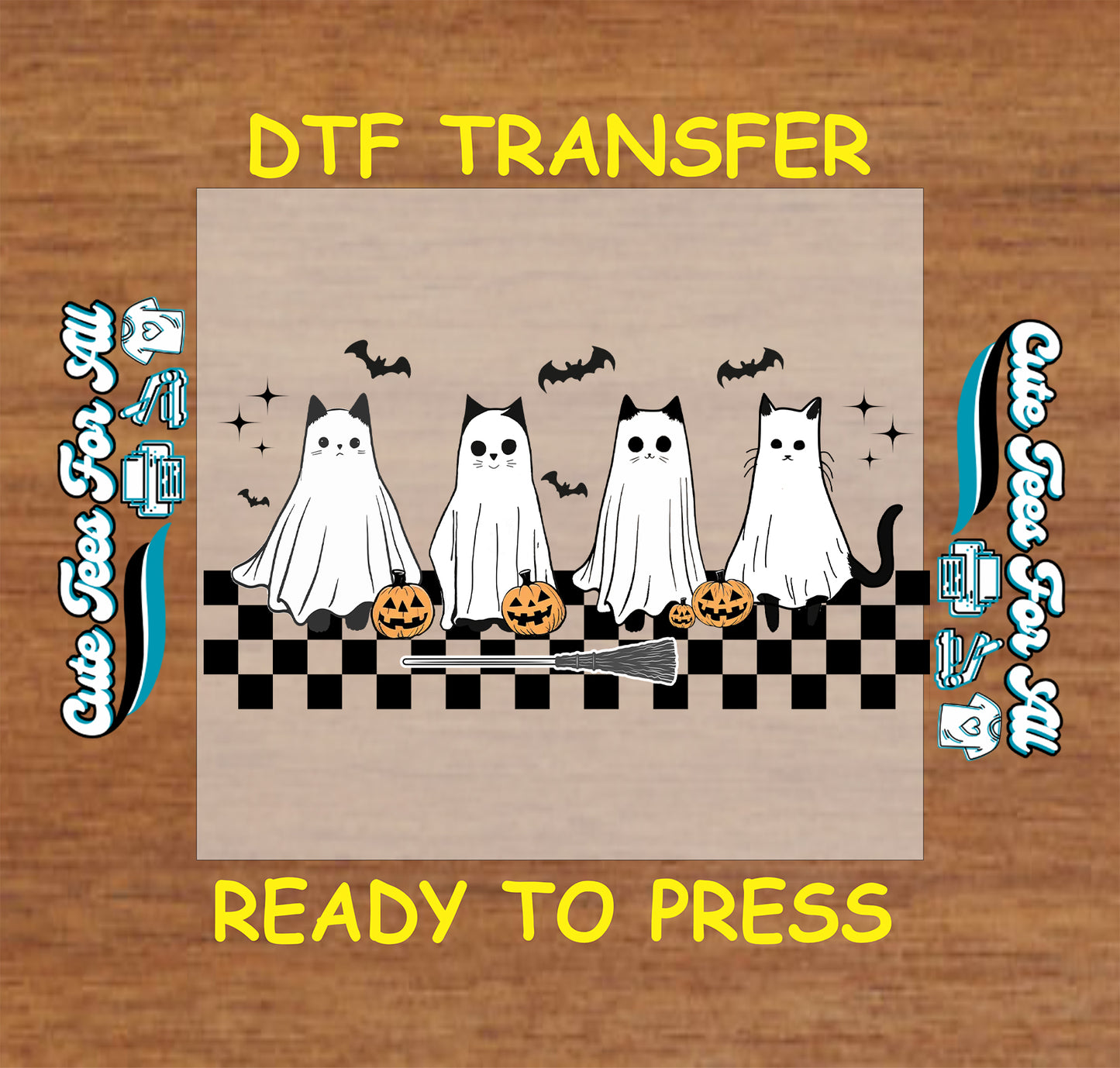 Four cats in ghost costumes with pumpkins, broom, bats, sparkles, and checkerboard stripe on Halloween DTF transfer