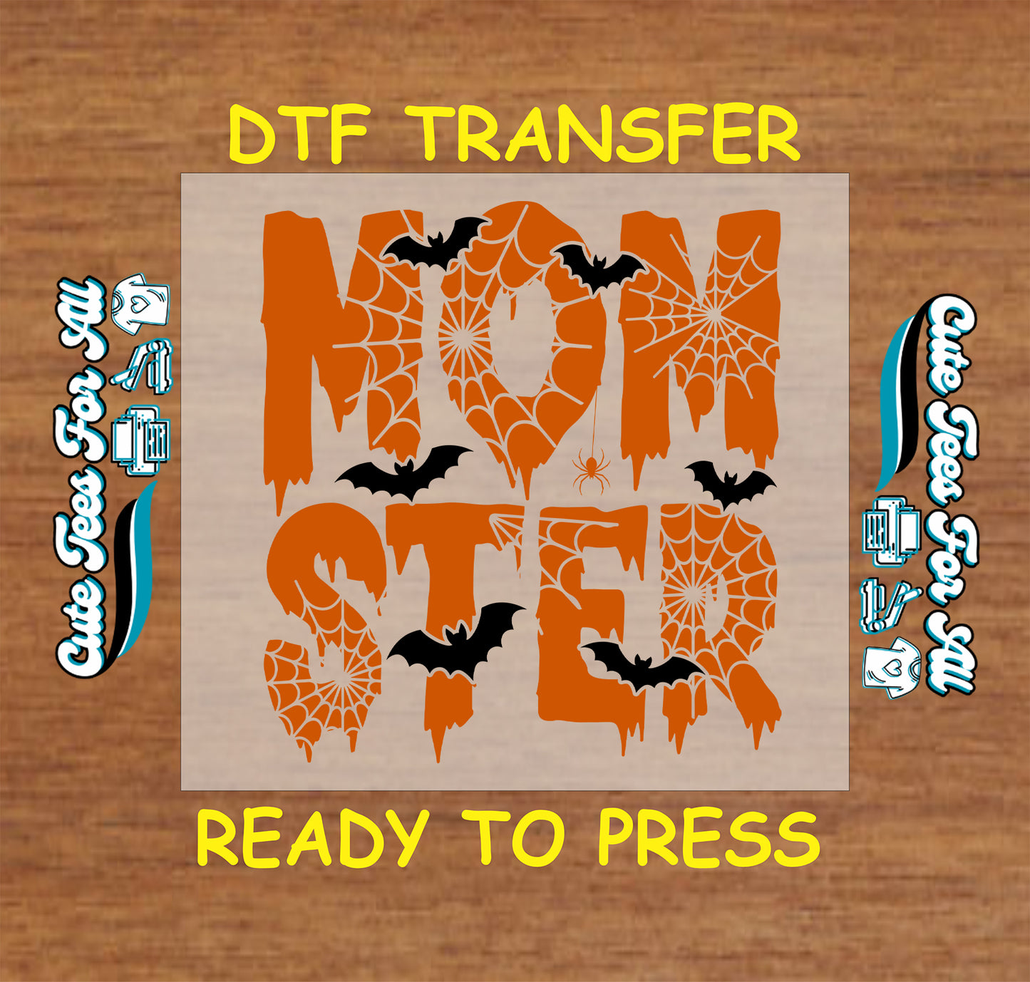 Momster Halloween DTF transfer with spiderwebs, bats, and orange dripping letters