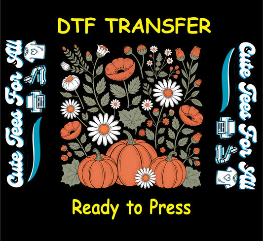 ready to press dtf transfer with pumpkins and wildflowers in fall colors