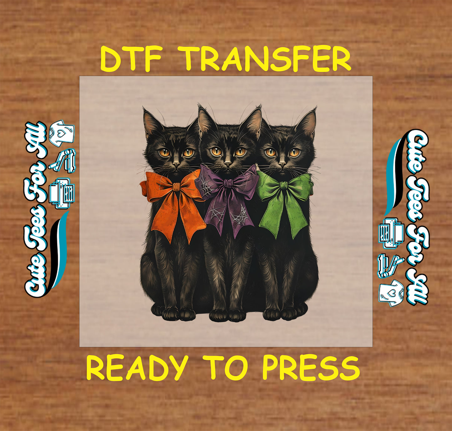 ready to press dtf transfer with three black cats wearing orange purple and green halloween bows