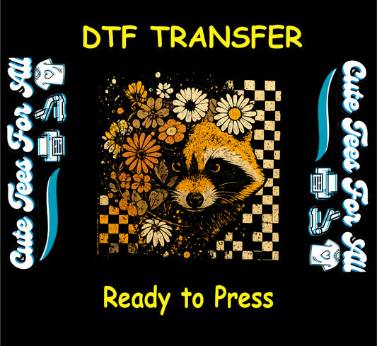 ready to press dtf transfer with raccoon face, fall flowers, and grunge checkerboard background