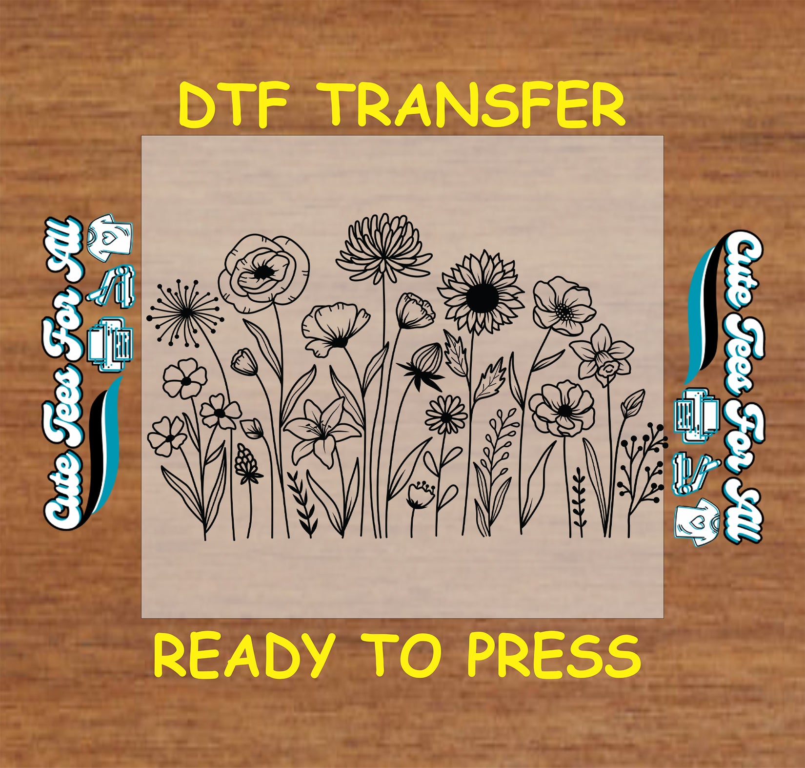 Wildflower outline ready to press dtf transfer featuring hand-drawn floral illustrations