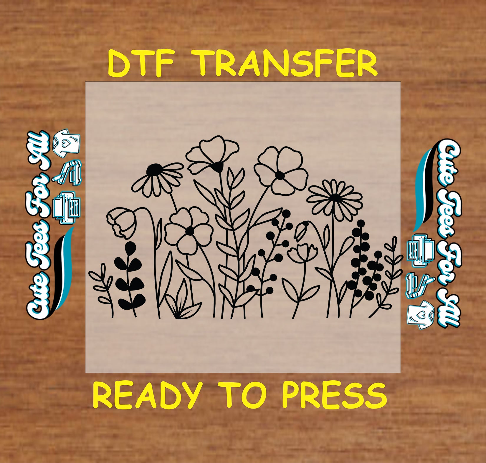 Wildflower outline ready to press dtf transfer in black floral silhouette for DIY shirts