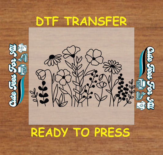 Wildflower outline ready to press dtf transfer in black floral silhouette for DIY shirts