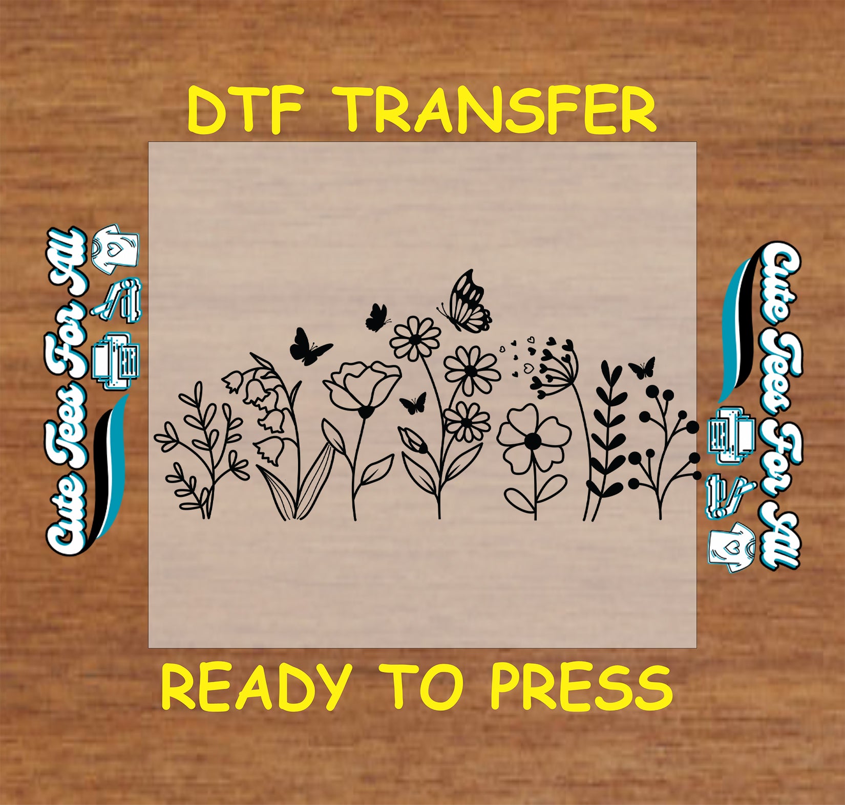 Ready to press dtf transfer with wildflower and butterfly outlines in black for DIY shirts