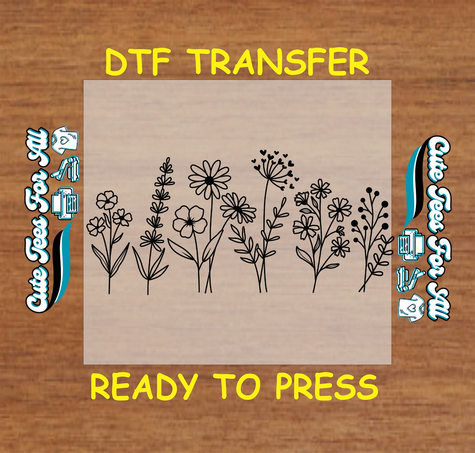 Wildflower silhouette ready to press dtf transfer with botanical line art for DIY shirts