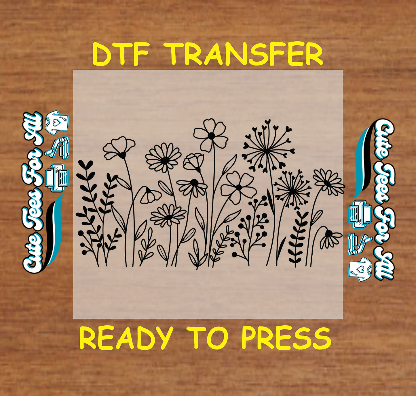 Wildflower silhouette ready to press dtf transfer with bold botanical line art for DIY shirts