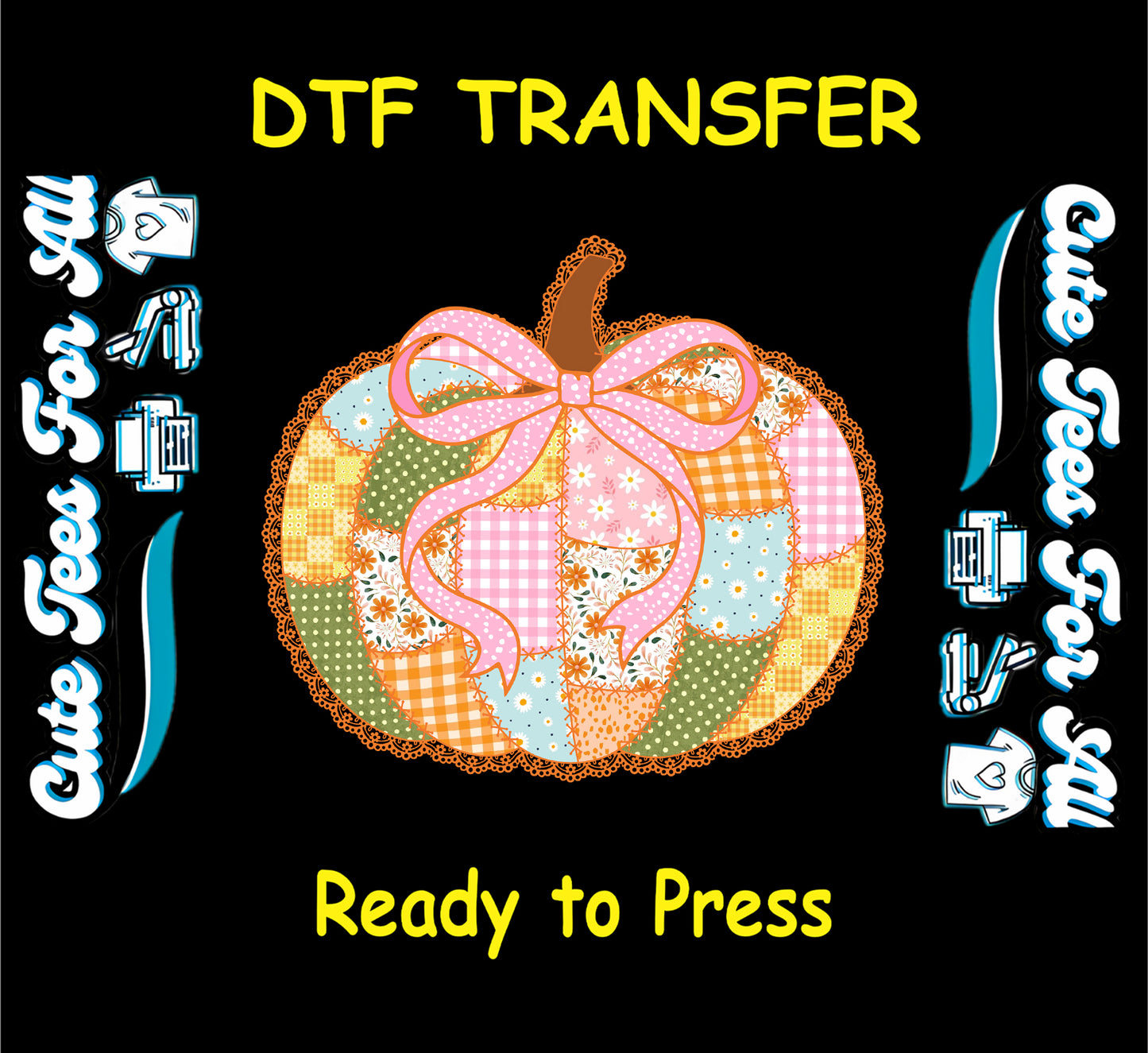 Patchwork pumpkin ready to press dtf transfer with pink bow and lace border in pastel fall tones