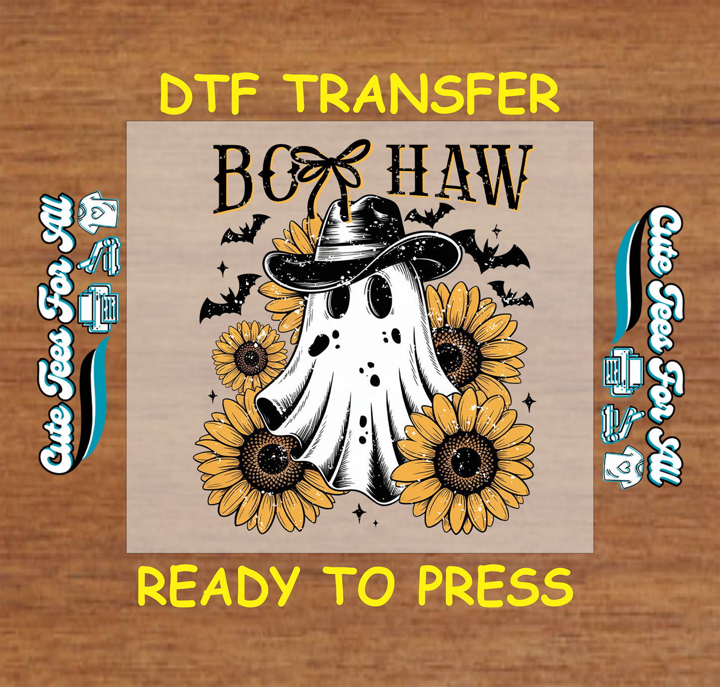 Ghost in cowboy hat with sunflowers and bats Boo Haw Halloween ready to press dtf transfer for DIY shirts