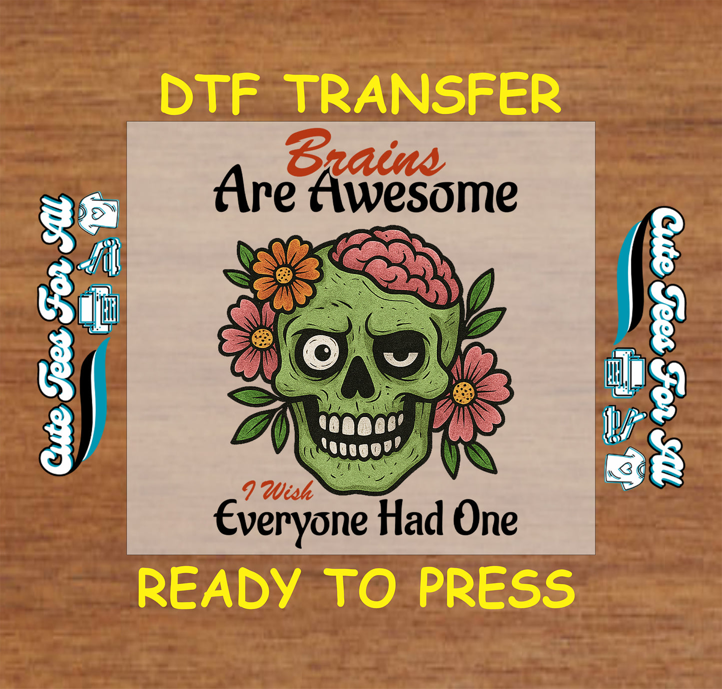 Funny skull ready to press dtf transfer with brains, flowers, and sarcastic Halloween quote