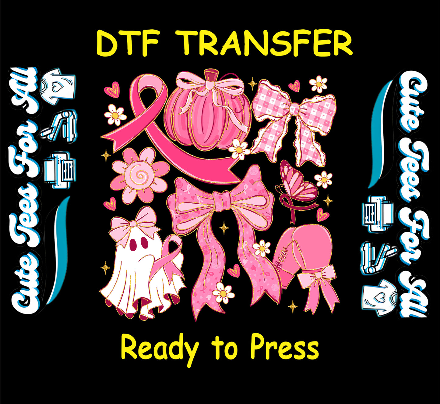 Pink ribbon themed ready to press dtf transfer with bows, pumpkin, ghost, butterfly, and hearts