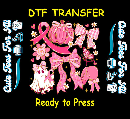 Pink ribbon themed ready to press dtf transfer with bows, pumpkin, ghost, butterfly, and hearts