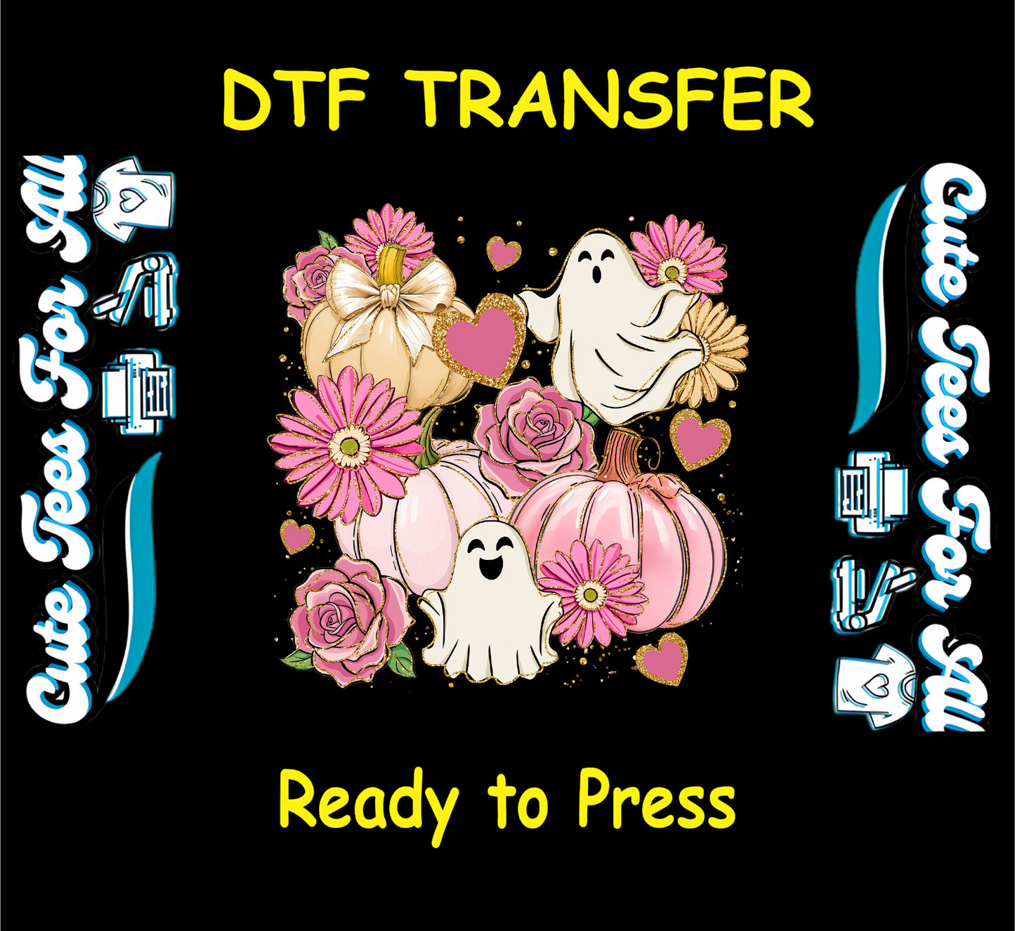 Pastel Halloween ready to press dtf transfer with pink pumpkins, ghosts, and floral accents