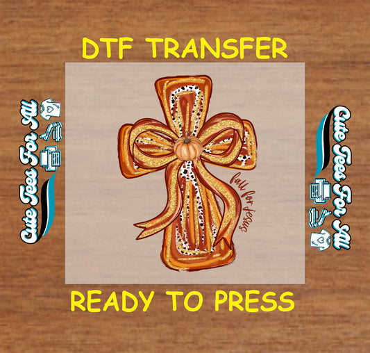 Fall themed pumpkin bow cross with “Fall for Jesus” text ready to press dtf transfer