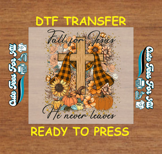 Fall faith ready to press dtf transfer with wooden cross, pumpkins, plaid scarf, and floral accents
