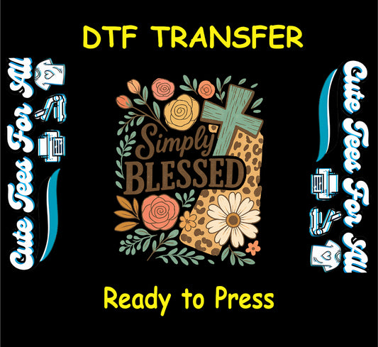 Ready to press dtf transfer with floral bouquet, teal cross, leopard print, and simply blessed phrase