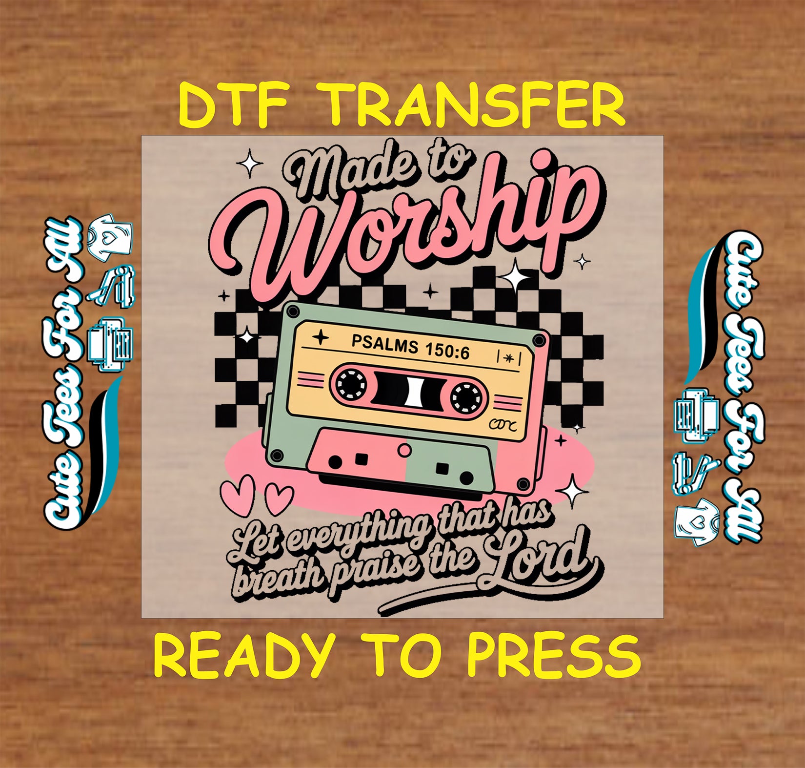 Ready to press dtf transfer with pastel cassette, checkerboard pattern, and worship praise text