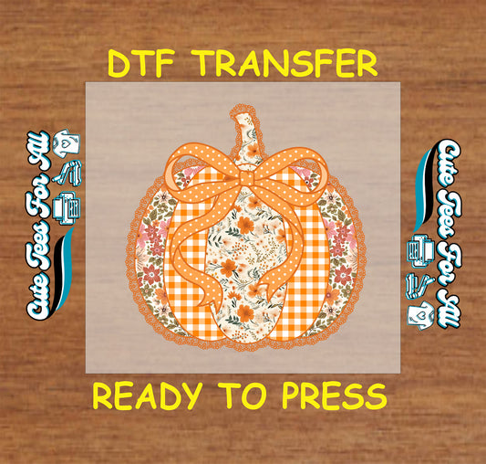 Fall pumpkin dtf transfer with floral pattern, gingham layers, and polka dot bow ready to press