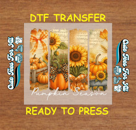 Pumpkin season dtf transfer with sunflowers, rustic pumpkins, bows, and leopard print ready to press
