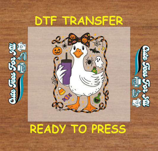 funny halloween goose dtf transfer with bow, tumbler, and spooky icons ready to press dtf