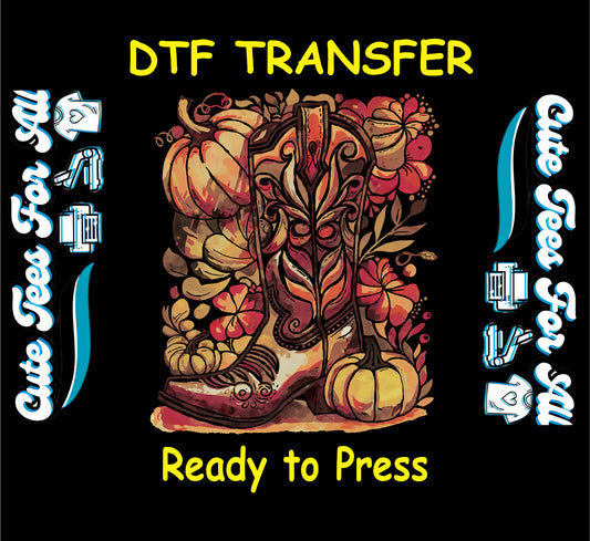 ready to press dtf with western cowboy boot, pumpkins, fall florals, and rustic autumn accents