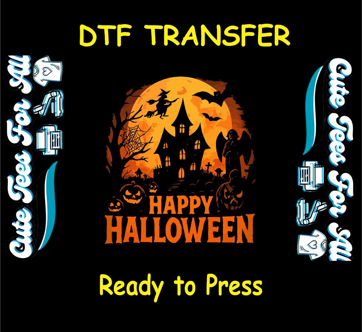 Halloween haunted house with witch, bats, pumpkins, and moon – ready to press dtf transfer for DIY shirts