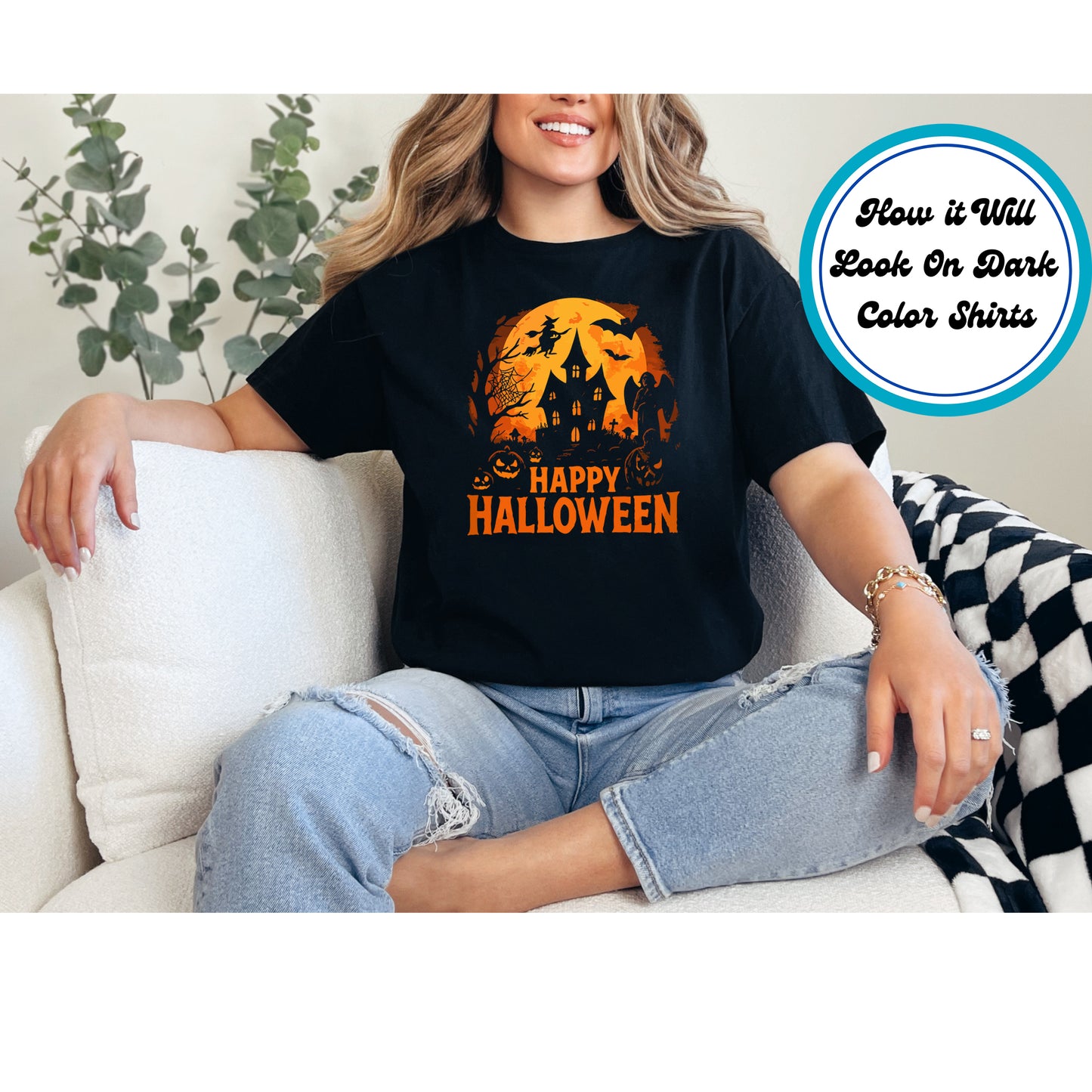 Halloween DTF Transfer – Haunted House Witch Moon Scene Ready to Press Iron on Heat Transfer DIY Shirts 11136