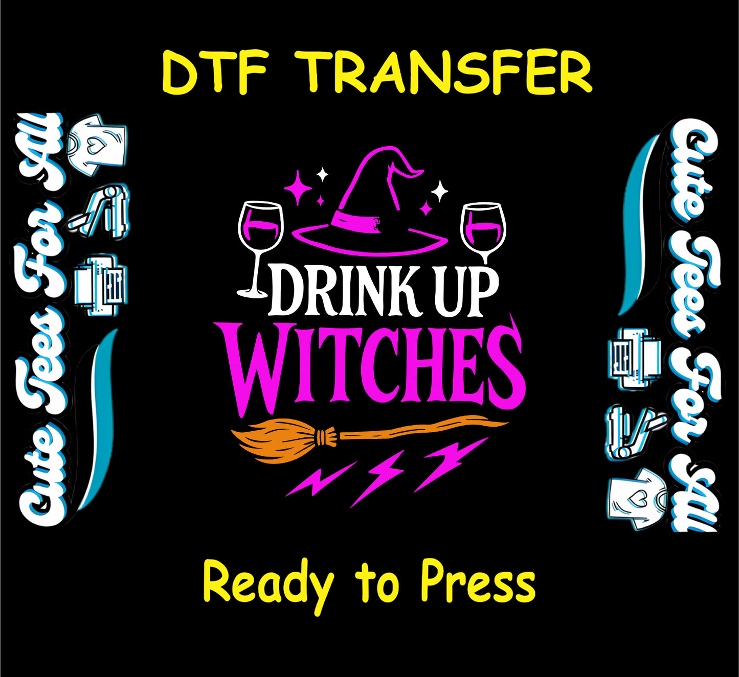 Halloween witch hat broom with wine glasses and lightning bolts, ready to press dtf transfer for DIY shirts