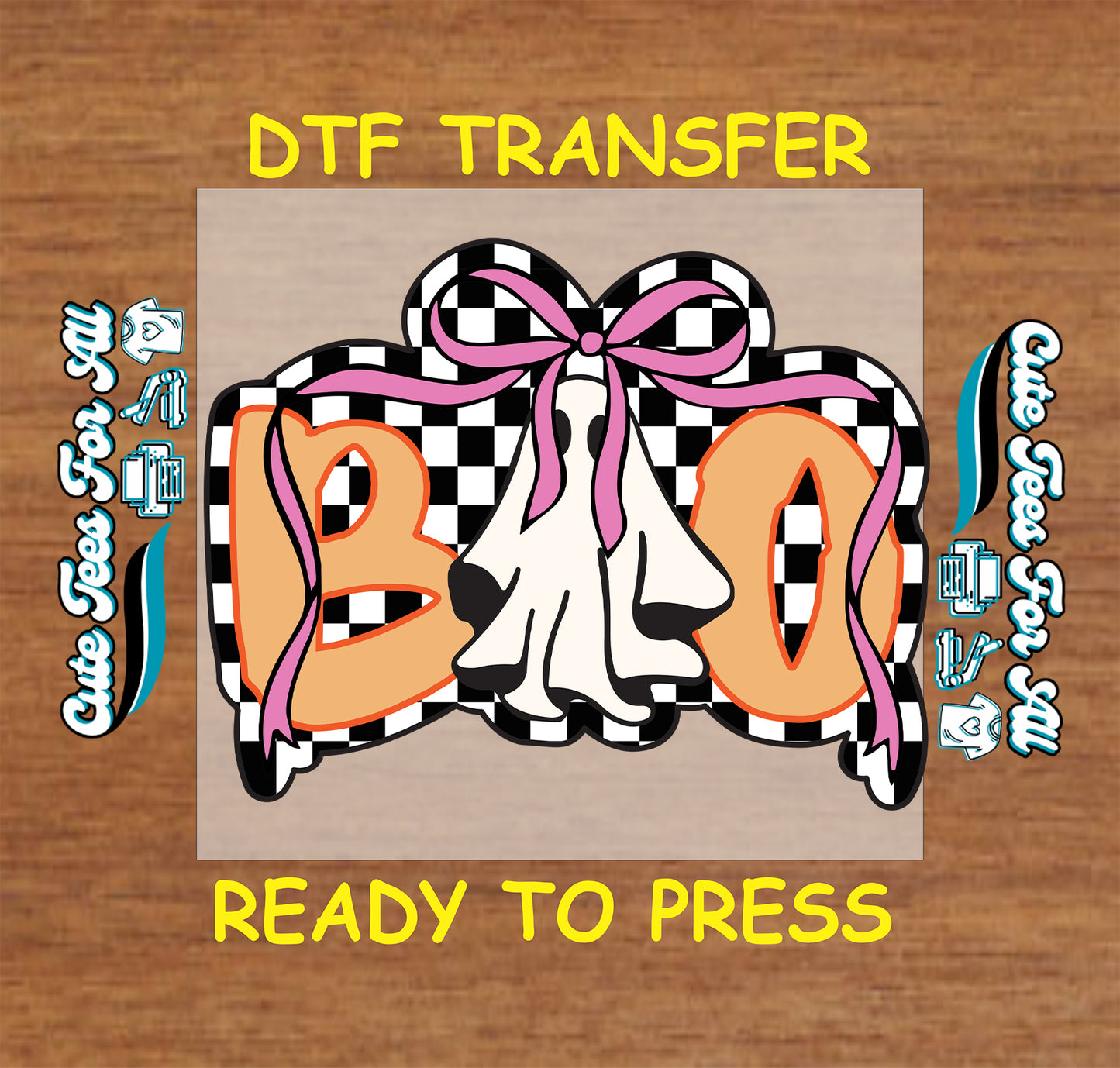 Halloween ghost with pink bow, orange BOO letters, and checkerboard background, ready to press dtf transfer for DIY shirts