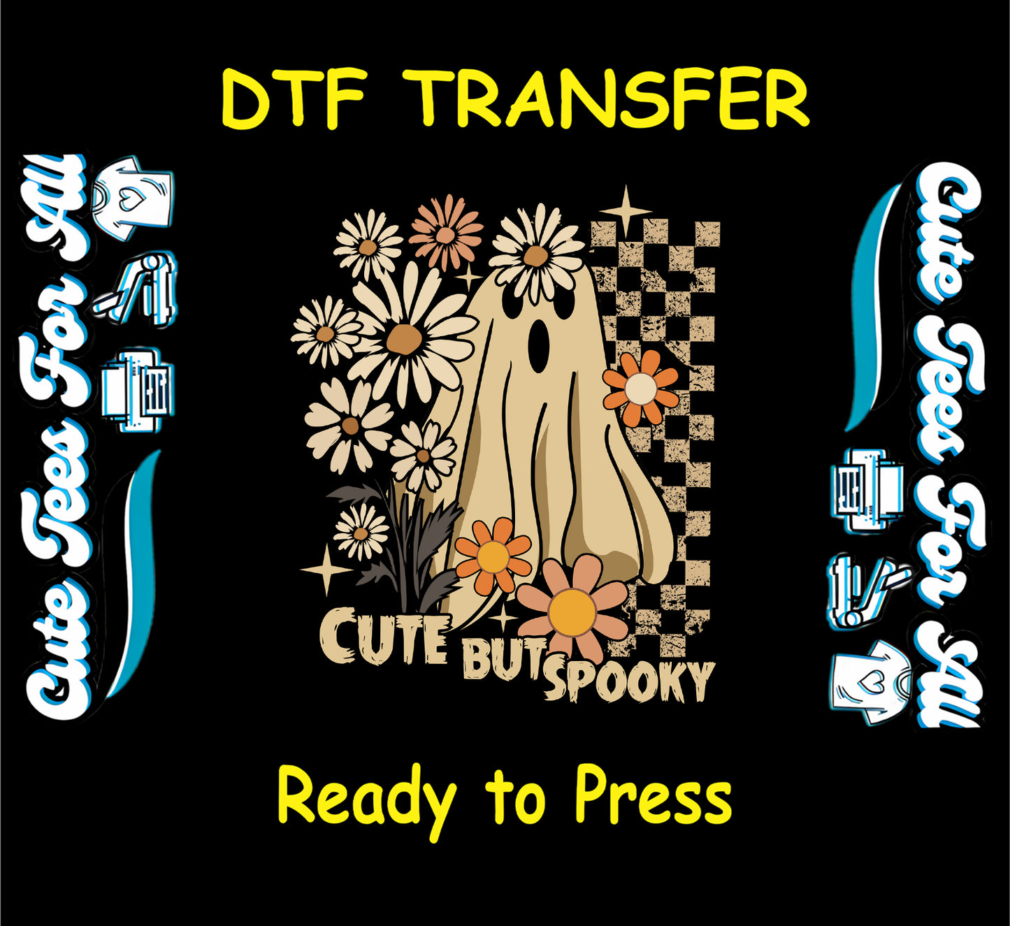 Retro Halloween ghost with daisies and checkerboard background, cute but spooky, ready to press dtf transfer for DIY shirts