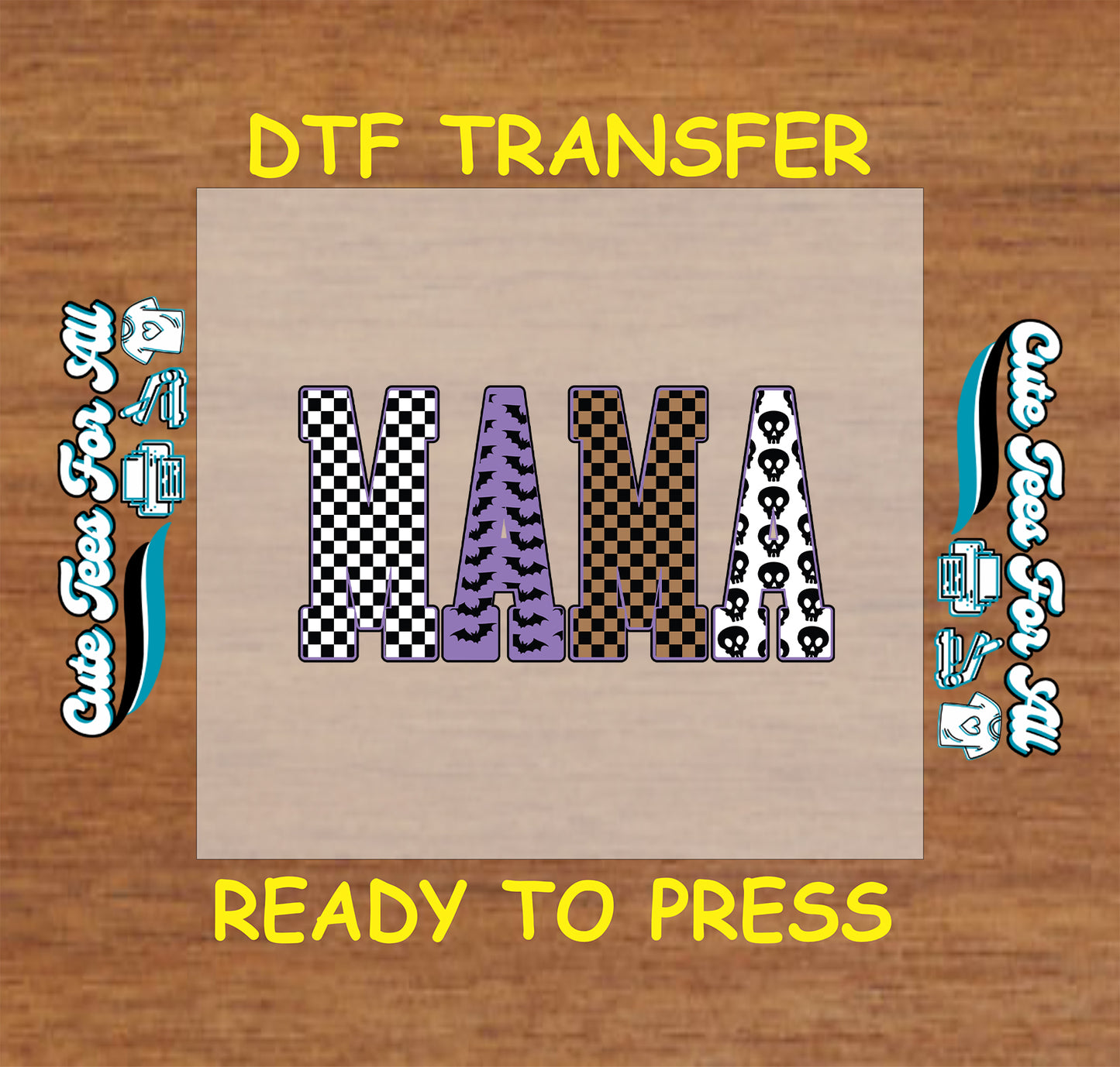 Halloween mama lettering with checkerboard, bats, and skull patterns, ready to press dtf transfer for DIY shirts