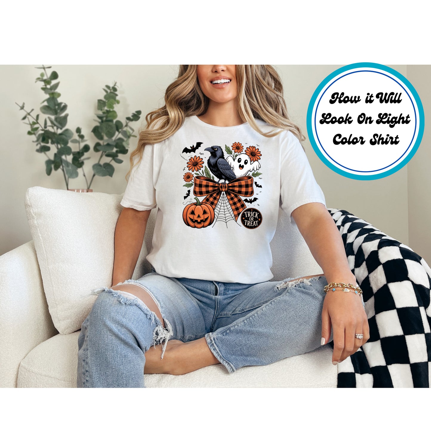 Halloween DTF Transfer – Crow Ghost Pumpkin and Plaid Bow Ready to Press Iron on Heat Transfer DIY Shirts 11157