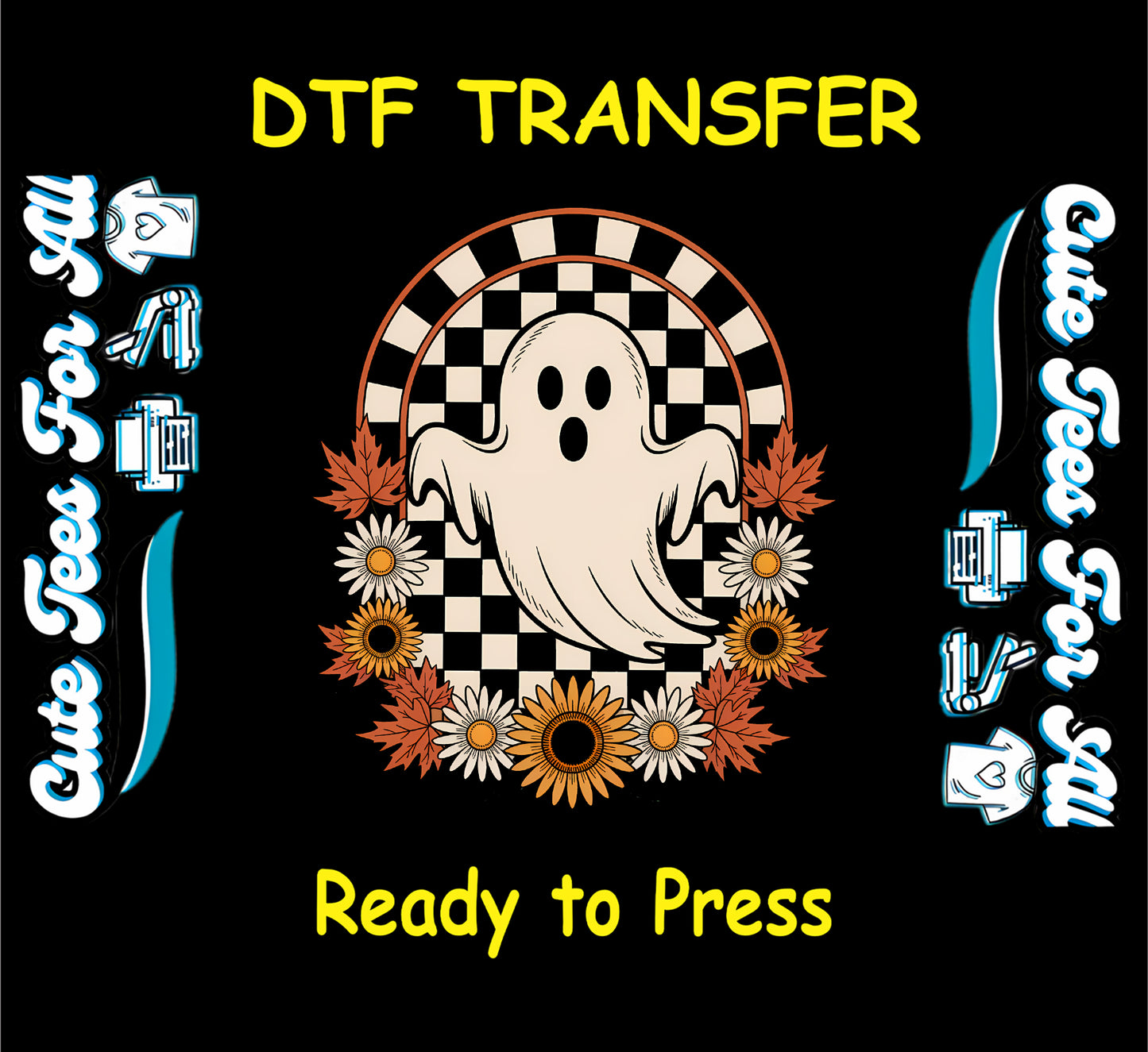 ready to press dtf transfer with ghost, sunflowers, and checkered background for Halloween DIY shirts