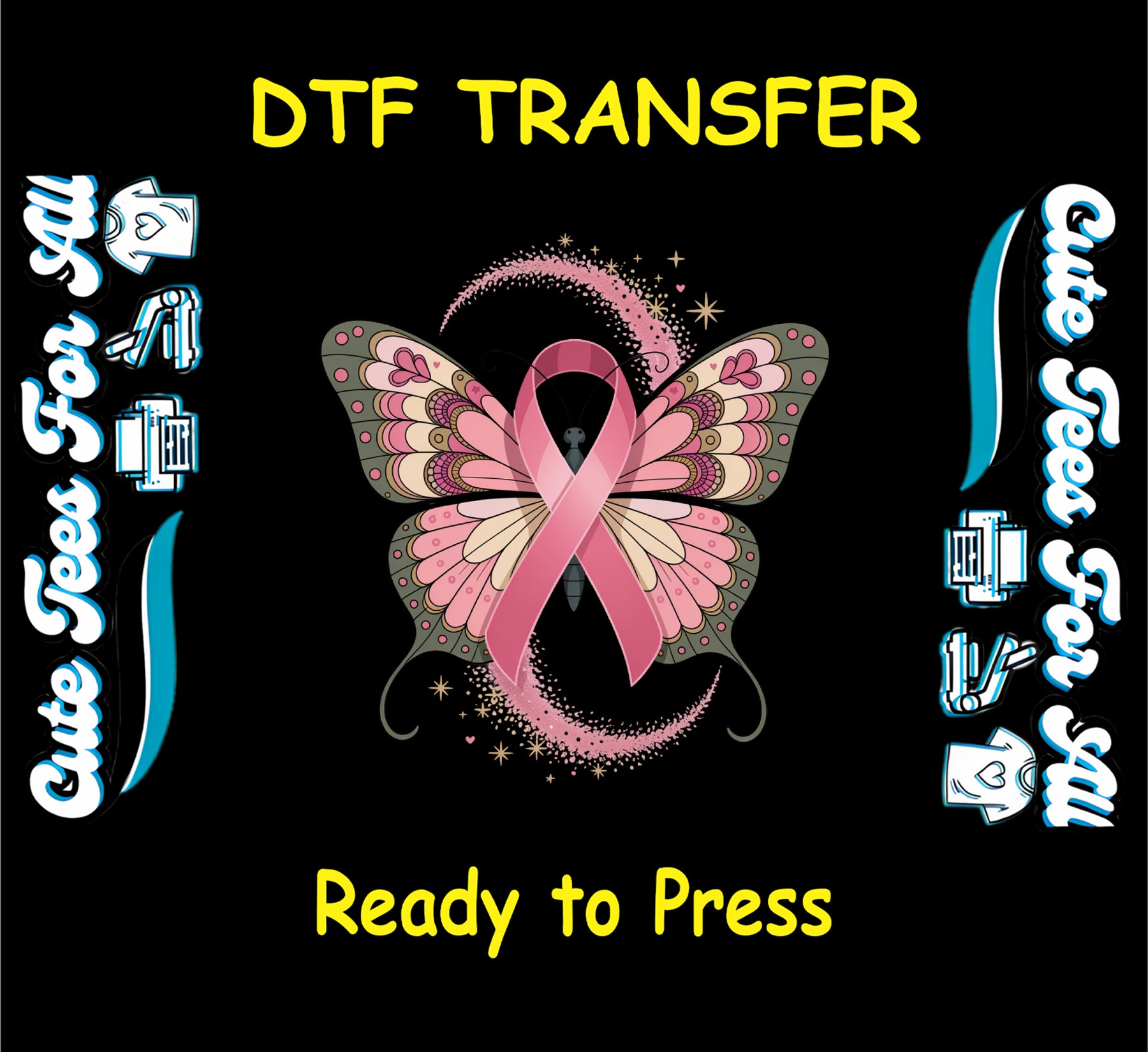 ready to press dtf transfer with butterfly, pink awareness ribbon, and crescent moon for DIY shirts