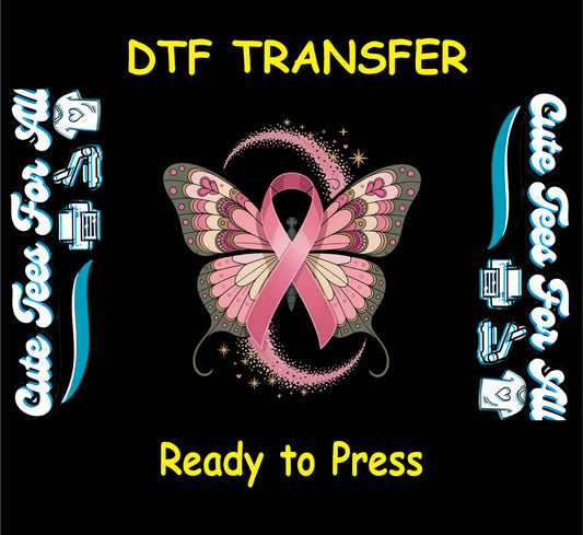 ready to press dtf transfer with butterfly, pink awareness ribbon, and crescent moon for DIY shirts