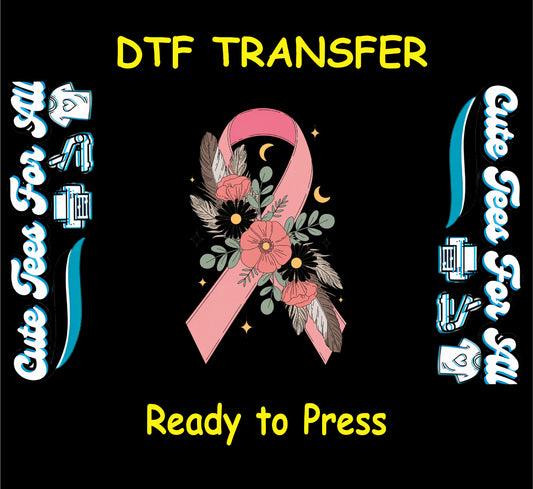 ready to press dtf transfer with pink ribbon, flowers, crescent moon, and stars for awareness DIY shirts