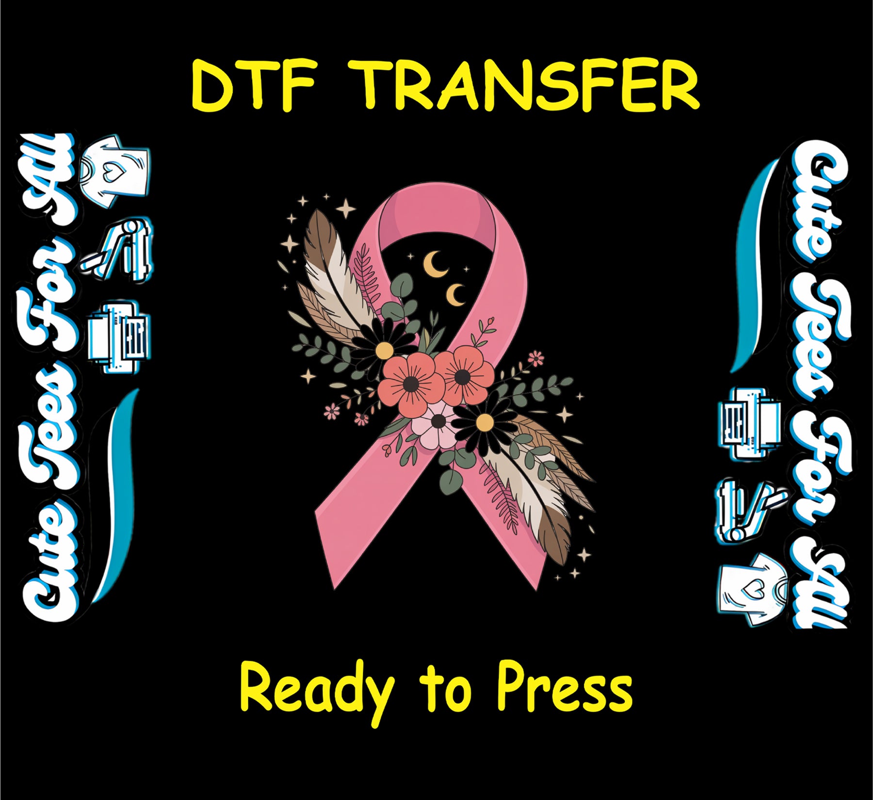 This ready to press dtf transfer features a pink awareness ribbon accented with feathers, coral and gold flowers, greenery, golden stars, and a crescent moon. Perfect for making supportive apparel for awareness events, fundraisers, or personal causes.
Ideal for Etsy Sellers, T-shirt Bar Entrepreneurs, or any custom T-shirt small business. Your custom apparel is ready to be sold in 10 seconds—just press with a heat press onto your desired garment. No color or material limitations!