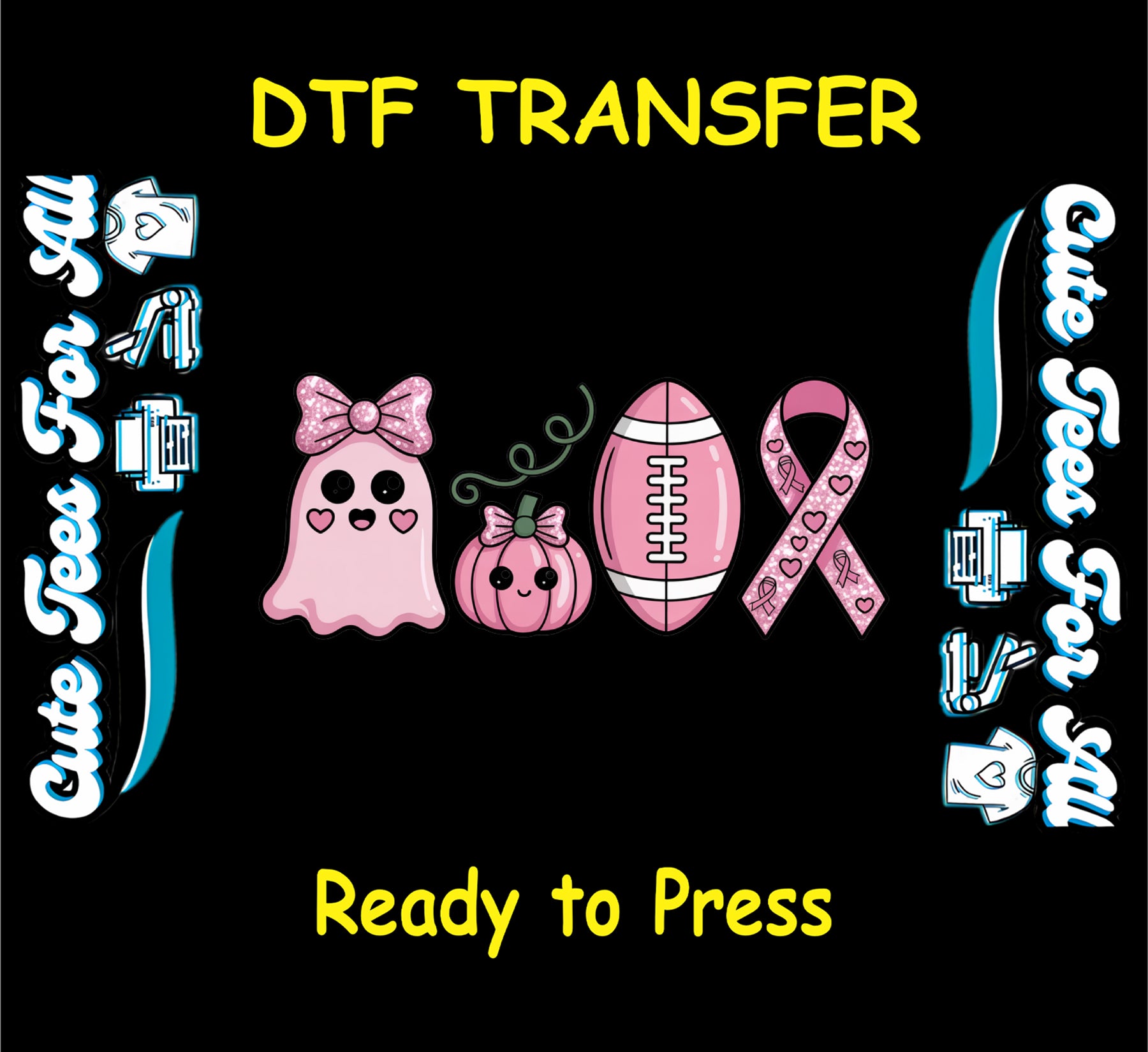 ready to press dtf transfer with pink ghost, pumpkin, football, and awareness ribbon for DIY shirts