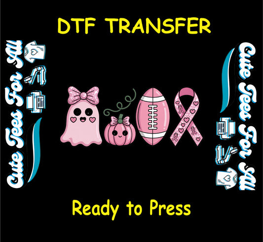ready to press dtf transfer with pink ghost, pumpkin, football, and awareness ribbon for DIY shirts