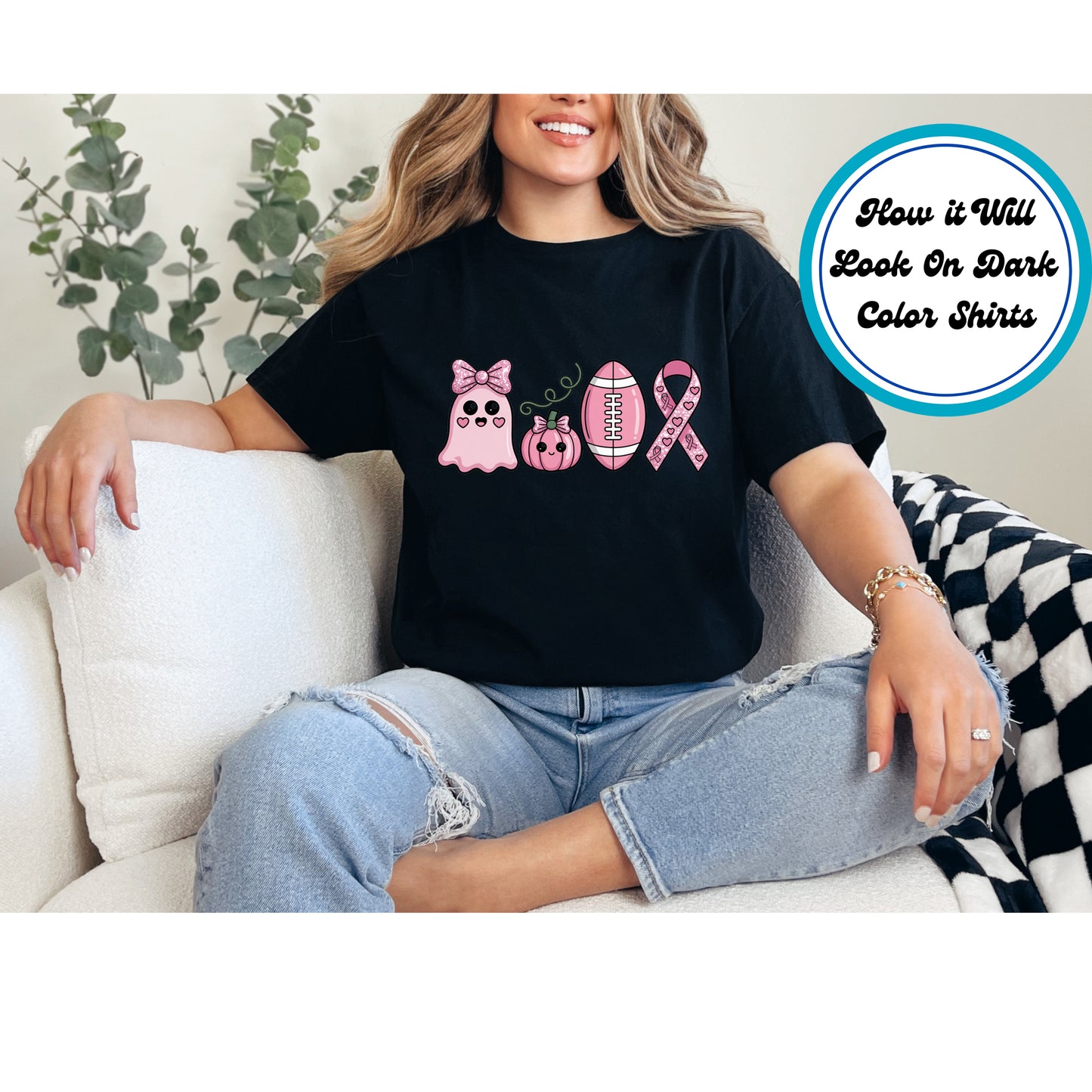 Breast Cancer Awareness DTF Transfer – Pink Ghost Pumpkin Football and Ribbon Ready to Press Iron on Heat Transfer DIY Shirts 11163